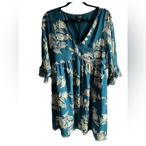 a.n.a Teal Floral V-Neck Dress Size Large